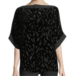 Eileen Fisher Silk Velvet Burnout Top Small Geometric Print Black Slit Sleeve